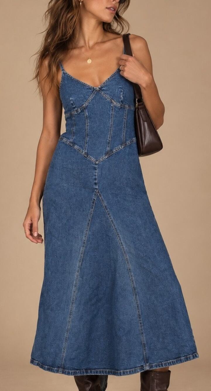 Vintage 90s Moda International Corset Denim Midi Dress 4 Blue Y2K Fall Country